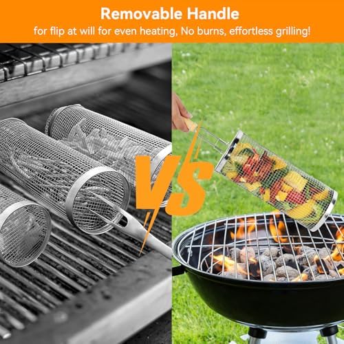 Rolling Grill Baskets 2PCS, 304 Stainless Steel Grill Basket with Removable Wooden Handle, Portable BBQ Grilling Basket for Fish Vegetables (11in,8in), Outdoor Barbecue Accessories - Ideal Gifts for Men Dad Husband - Image 6