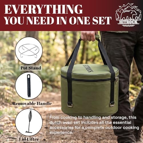 HITROCK Cast Iron Camp Dutch Oven 9QT, Pre-Seasoned Camping Dutch Oven with Lid, Flat Bottom Outdoor Pot with Lid Lifter,Pot Stand, Storage Bag & Handle for Camping, Baking, Grilling, Rounded-square Shape - Image 3