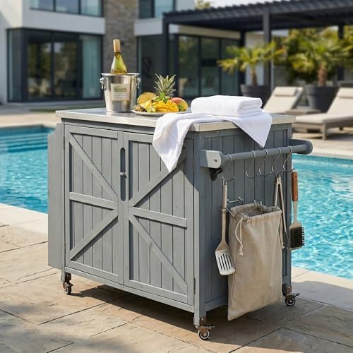 42.1" Outdoor Kitchen Island with Side Shelf and Stainless Top, Grey Blue - Image 4