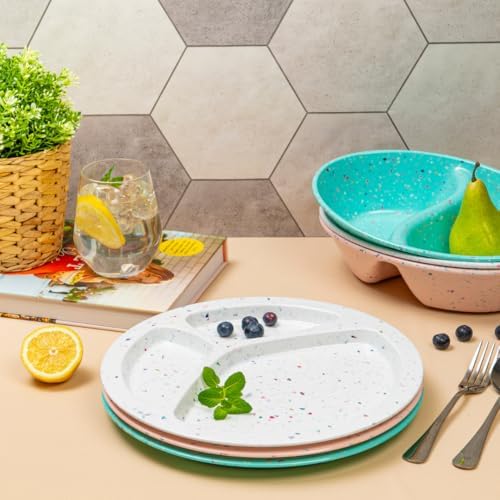 bzyoo 11-Inch Divided Plates Set of 2, 100% Melamine Portion Control Plates for Adults & Kids, Modern Confetti Pattern, BPA-Free & Dishwasher Safe, Ideal for Camping, RV, and Daily Use (White) - Image 5