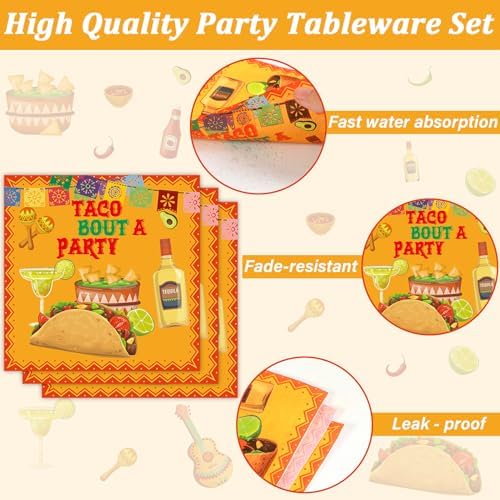 ZOiiWA 100 Pcs Let's Taco Bout A Party Supplies Tableware Set Mexican Fiesta Party Dinnerware Set Mexican Tacos Party Paper Plates Napkins Forks for Taco Party Supplies Birthday Serves 25 Guests - Image 3