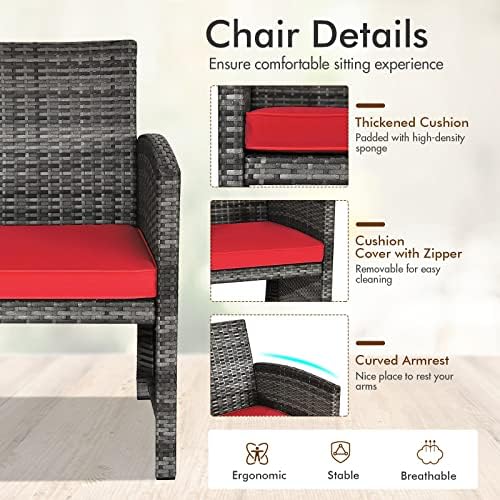 Goplus 4-Piece Rattan Patio Furniture Set, Outdoor Wicker Conversation Sofa with Weather Resistant Cushions and Tempered Glass Tabletop for Lawn Backyard Pool Garden (Red) - Image 4