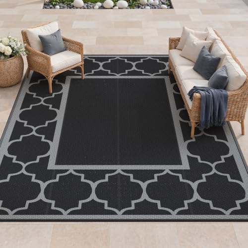 GENIMO Outdoor Rug, Waterproof Plastic Rugs for Patio, 9'x12' Black Gray by GENIMO