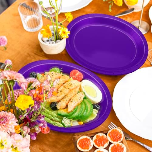 50 Count Purple Paper Plates Set Oval Heavy-duty Purple Party Decorations - Image 5