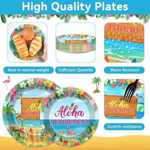 Tropical Hawaiian Luau Happy Retirement Party Decorations Aloha Retirement Party Plates Napkins Beach Paper Plates Summer Aloha Disposable Dinnerware for Hawaiian Beach Theme Decors Supplies Serve 24 - Image 3