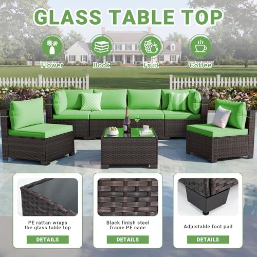 LEVELEVE 7 Pieces Outdoor Patio Furniture Sets,Rattan Conversation Sectional Set,Manual Weaving Wicker Patio Sofa with Tea Table - Image 4
