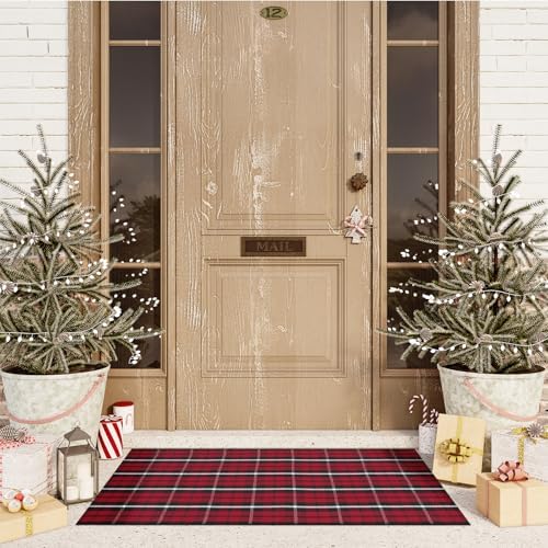 Christmas Front Door Mat 27.5"x43" Red Plaid Outdoor Porch Rug Welcome Mat - Image 7