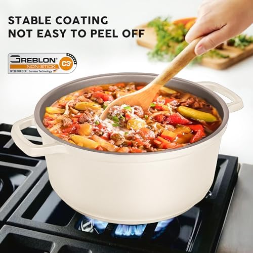 Large Dutch Oven Pot with Lid-7.5QT Cast Aluminum Oven Pot with Two Handles Lightweight for Bread Baking Braising and Roasting(Beige) - Image 2