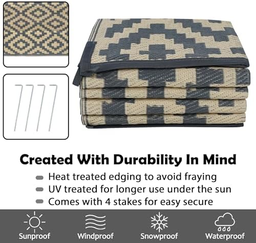SAND MINE Reversible Mats, Plastic Straw Rug, Modern Area Rug, Large Floor Mat and Rug for Outdoors, RV, Patio, Backyard, Deck, Picnic, Beach, Trailer, Camping (8' x 10', Grey Tan Lattice) - Image 3