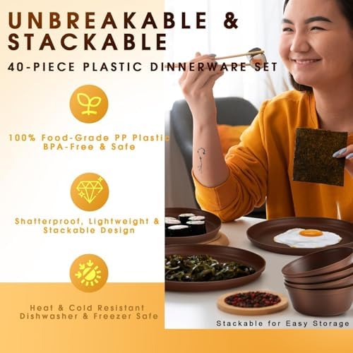 40 Piece Plastic Dinnerware Set for 8 with Cutlery, Unbreakable Plates and Bowls Set, Dishwasher & Microwave Safe Reusable Dish Set for Camping, RV, Outdoor Kitchen, Apartment Dining, Brown - Image 6