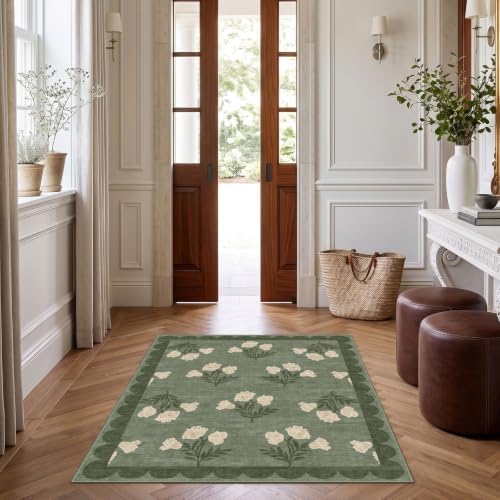 3x4 Floral Entry Rug - Small Washable Indoor Outdoor Mats for Front Door Non-Slip Spring Porch Rug Sage Green Farmhouse Throw Rugs for Living Room Bedroom Entryway Kitchen Office Porch Decor - Image 3