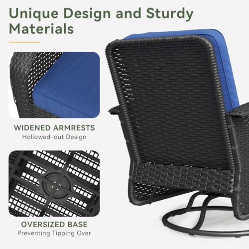 Aoxun 3 Pieces Patio Furniture Set, Patio Swivel Rocker Chairs Set of 2, Wicker Outdoor Bistro Set with Rocking Chair, Thickened Cushions and Table for Porch (Navy Blue) - Image 5