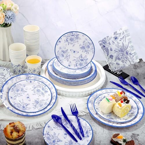 Kochorie 400 Pieces Blue and White Flower Disposable Party Tableware Sets Including Plates Cups Napkins Cutlery Serves 50 for Wedding Birthday Baby Shower Party Decorations - Image 4