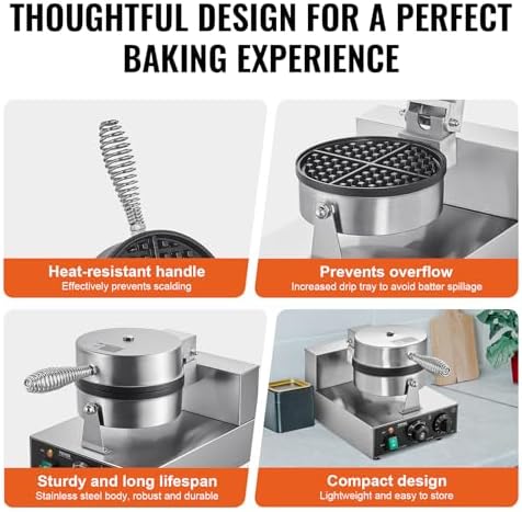 VEVOR Commercial Waffle Maker, 1230W Round Waffle Baker Machine, Non-Stick Stainless Steel Belgian Waffle Iron with Temperature and Time Control, Handle, for Restaurant Bakery Snack Bar Family - Image 5