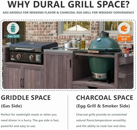 Outdoor Kitchen Island for Big Green Egg Grills, Grill Cart Table with Stainless Steel Top and Blackstone Griddle, Kitchen Storage Table with Cabinets and Drawer for 21"/28" Blackstone Griddle, Brown - Image 5
