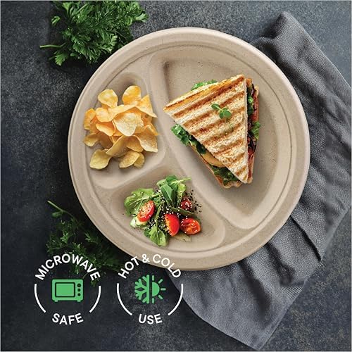 100% Compostable, 3 Compartment, Disposable Paper Plates [125-Pack] 9 Inch Heavy Duty Biodegradable Bagasse Sectional Lunch Trays + Dividers - Divided Platte Tray (PFAS Free) (BPA Certified) - Image 3
