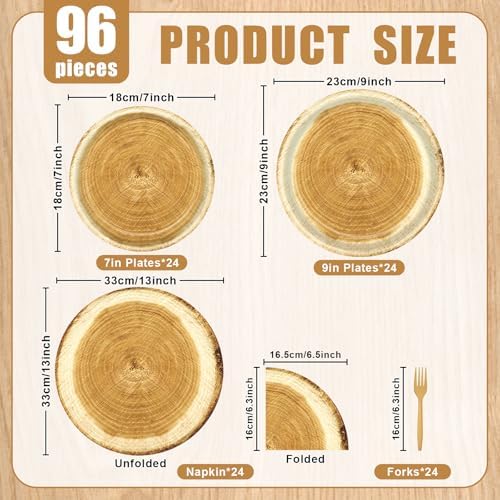 96 Pieces Rustic Wood Grain Tableware Set – Disposable Plates, Napkins, and Forks for Woodland Parties, Rustic Weddings, Camping, BBQs, and Baby Showers – Serves 24 Guests - Image 2