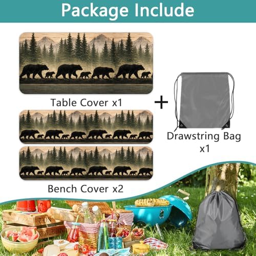 Picnic Table Cover with Bench Covers and Bag, Forest Mountain Bear Wooden Waterproof Windproof, Fitted Tablecloth Cover with Elastic Edge, for Indoor & Outdoor, Garden, Camping, 3 PCS 30x72 Inch - Image 7