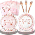 48pcs Sweet 16 Party Decoration Set,16 Dessert Plate,16 Napkin and 16 Fork,Sweet 16 Disposable Tableware for 16 Persons,Used for Pink Rose Gold 16 Party Supplies by Unknown
