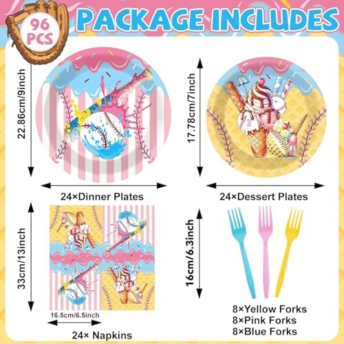 96PCS Ice Cream Drip Baseball Birthday Party Paper Plates and Napkins Set Sport Party Paper Plates Baseball Ice Cream Disposable Tableware Parties Set for Kids Decorations - Image 2