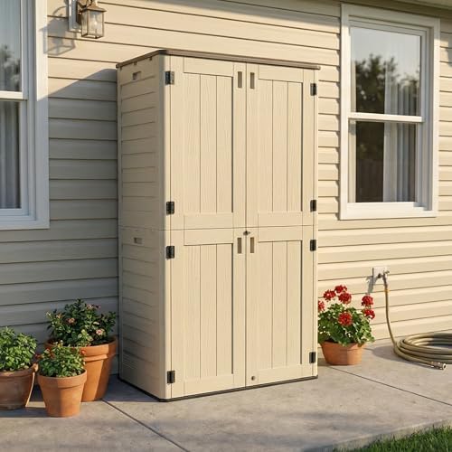 Allpop Tall Outdoor Storage Shed, 61 Cu.Ft Vertical Resin Storage Cabinet with Floor for Trash Cans, Patio & Garden, Khaki by Allpop
