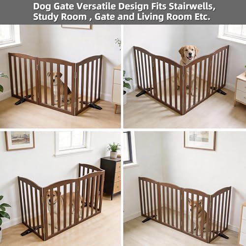 Freestanding Dog Gate Indoor,Doggie Gate Foldable Pet Gates for Doorways,Stairs or Hallways, Wooden Brown Pet Gate for the House, Pet Fence with Support Feet Included,32 "Height-3 Panels - Image 4