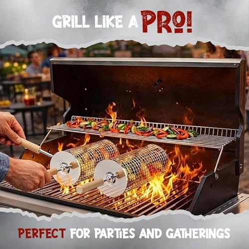 Veggie Grill Basket 2 Rolling Stainless Steel Cages for Outdoor BBQ - Image 3
