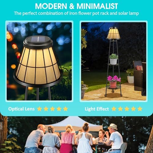 MXwcy 2-Tier Solar Plant Stand with Light, Modern Outdoor Floor Lamp with Classic Grid Lantern, Waterproof Tall Metal Planter Display Rack for Patio, Porch, Balcony, Garden Decor (2 Pack) - Image 2