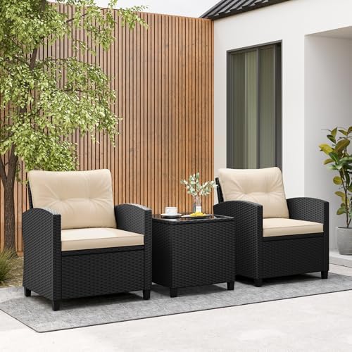 Tangkula 3 Piece Patio Furniture Set, Rattan Conversation Set w/Soft Seat & Back Cushions, Tempered Glass Topped Coffee Table, Cushioned Wicker Seating Set for Backyard, Porch, Poolside (Beige) - Image 2