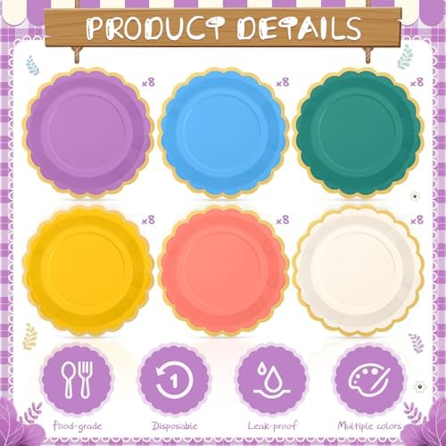 48 Pcs Boho Rainbow Paper Plates 9 Inch Scalloped - Image 3