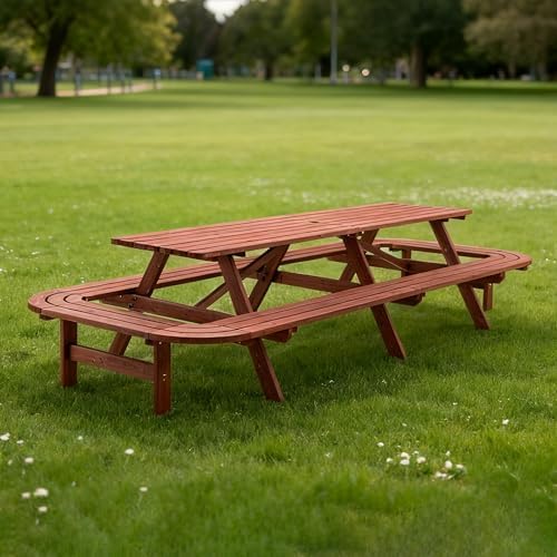 121'' Large Outdoor Dining Table, Rectangular Wooden Patio Dining Table & 2 Built-in Bench for 16, 2" Umbrella Hole, Suitable for Backyard Garden Porch, Brown by JJKFurniture-kevinplus