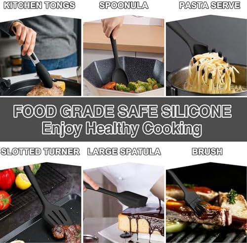 Silicone Kitchen Utensils Set, Umite Chef 22Pcs Cooking Utensils Spatula Set, Heat Resistant Non-Stick Silicone, Dishwasher Safe Cooking Gadgets Tools Set(Black) - Image 6
