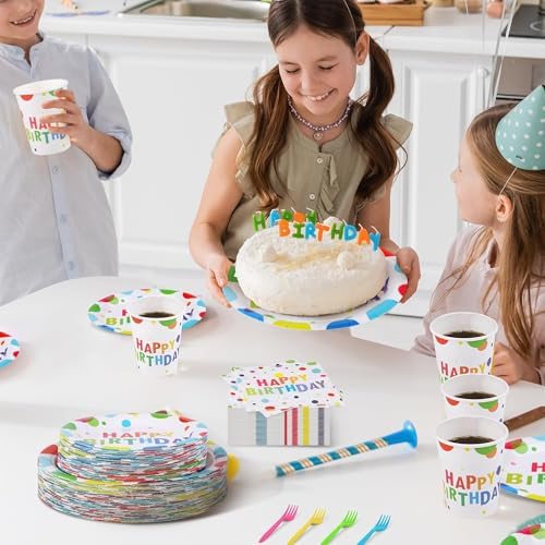 Kochorie 144 Pieces Happy Birthday Print Party Decorations Including Disposable Plates Napkins Cups Forks Tableware Sets Serves 24 for Birthday Party Supplies - Image 6