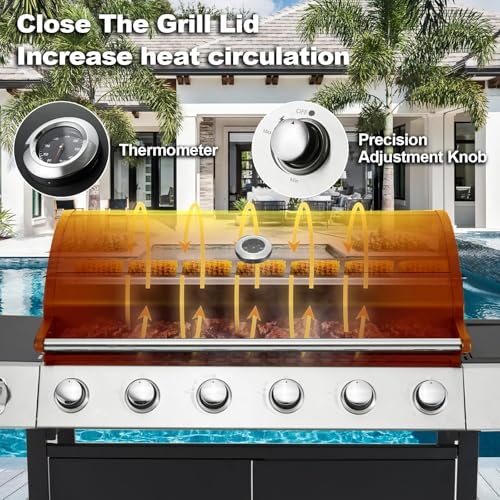 MELLCOM Upgraded 60,000 BTU Stainless Steel Burner Barbecue Grill, 6 Burner BBQ Propane Gas Grill with Side Stove & Cast Iron Grates for Patio, Camping, Outdoor Cooking - Image 6