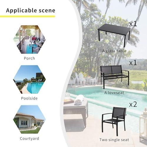 Shintenchi 4 Pieces Patio Furniture Set All Weather Textile Fabric Outdoor Conversation Set, with Glass Coffee Table, Loveseat, 2 Single Chairs for Home, Garden, Lawn, Porch（Black） - Image 6