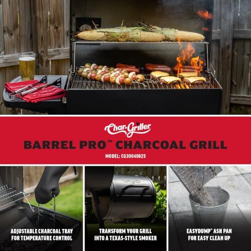 Char-Griller Barrel Pro Charcoal Grill with Charcoal Fuel, Adjustable Charcoal Tray, EasyDump Ash Pan, 785 Sq. In. Cooking Area, for Grilling & Smoking, Black - Image 3