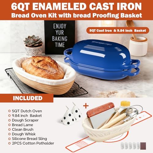 Enameled Cast Iron Dutch Oven for Bread Baking - incl. Sourdough Bread-Baking Supplies like Banneton Bread-Proofing Basket - 5QT Loaf Cast Iron Bread Oven Pan with Lid Meatloaf Pan with Lid, Sour Sough Tools, Lame(Blue） - Image 2