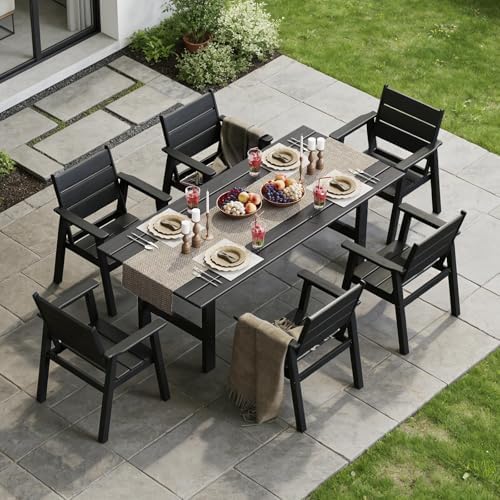 HDPE Outdoor Dining Table and Chairs, 7-Piece Patio Table and Chairs Set, Outdoor Dining Set for 6, All-Weather Dining Furniture Set with Umbrella Hole, Black - Image 7