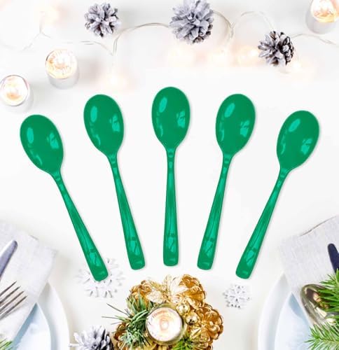SietDESEO 25 PCS Green Plastic Spoons Disposable Utensils Heavy Duty Green Spoons Disposable Cutlery for Birthday Wedding Baby Shower Bridal Shower Plastic Silverware - Image 2