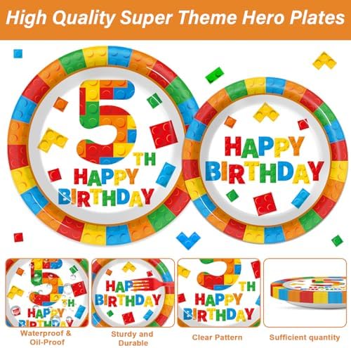 96 Pcs Building Blocks 5th Birthday Paper Plates and Napkins Building Bricks 5th Happy Birthday Tableware Set Brick Theme Party Disposable Plates Set for Boys Kids 5 Years Old Party Decorations - Image 3