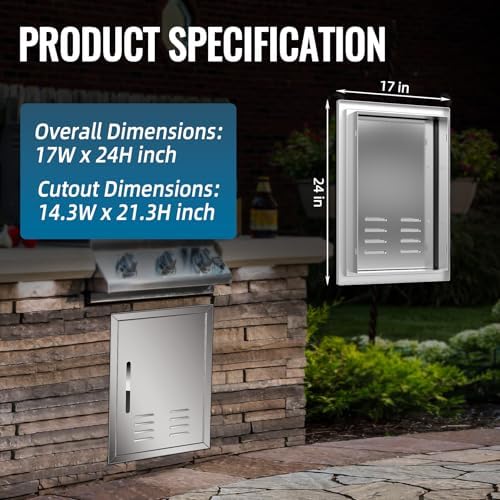 Outdoor Kitchen Doors with Vents - 17W x 24H Inch - 304 Stainless Steel BBQ Single Access Door with Detachable Handles for Outdoor Grill Cabinet,BBQ Island - Image 2