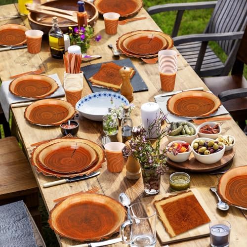 200 Pieces Camping Wood Grain Slice Party Supplies Set Paper Plate Cup Napkin for Camping Woodland Baby Shower Lumberjack Birthday Featuring a Round Wooden Slice Die Cut Edge Design Serve 25 - Image 5