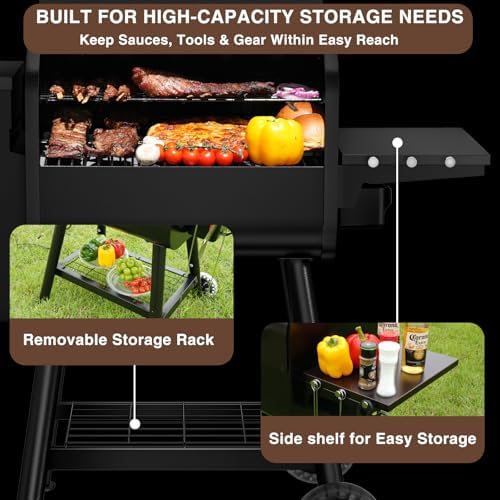 KingChii Electric Wood Pellet Grill & Smoker with Side Shelf, 456 SQ.IN Grill Capacity, 11LB Hopper, with PID Temperature Control (180-425°F) for Backyard Camping Bake and Roast, Black - Image 6