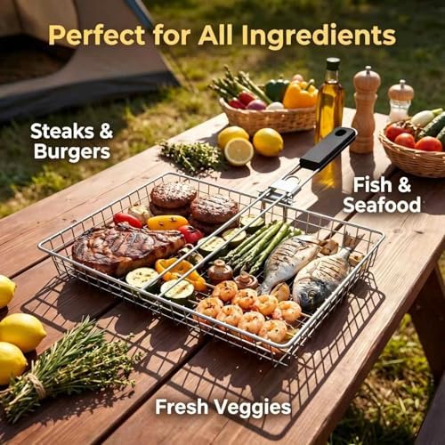 Stainless Steel Folding Grill Basket (12.6"x8.86"x1.57") - Portable BBQ Grilling Basket for Fish, Shrimp, Vegetables & Meats, Outdoor Camping Grilling Accessories, Perfect Grilling Gifts - Image 5