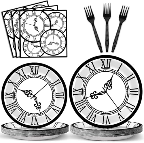 96 PCS Clock Party Paper Plates Napkins Disposable Tea Party Dinnerware Set by Oitnlaughter