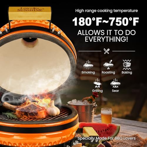 London Sunshine 13-Inch Ceramic Kamado Grill, Waterproof Vent Cap, Orange - Image 2