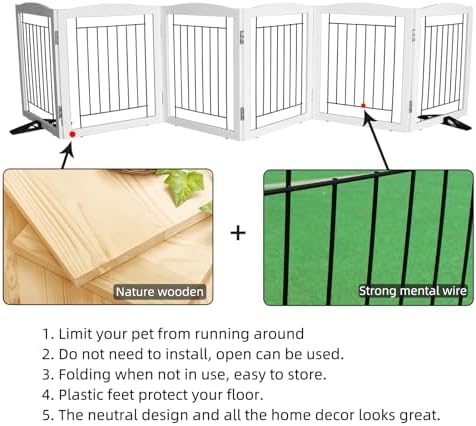 ZJSF Freestanding Dog Fence Indoor, Foldable Dog Gate for Doorways, Stairs or Hallways, Sturdy Wood Extra Wide Pet Gate with Support Feet for The House, White, 24 "Height-6 Panels - Image 6