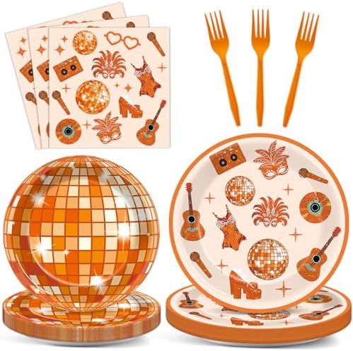 96PCS Singer Disco Ball Party Paper Plates and Napkins for Orange Music Themed Birthday Disposable Dessert Plates Disposable Tableware for 24 Guests Music Lover Birthday Gatherings Decorations by Oitnlaughter