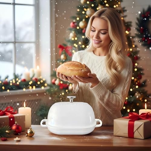 Cast Iron Bread Oven,6 QT Bread Oven,Thick Enameled Loaf Pan with Lid,Bread Pans for Homemade Bread,14.5"Dutch Oven for Bread Baking,Dutch Oven-with Silicone Baking Mat&Recipe,Gifts for Family,White - Image 2