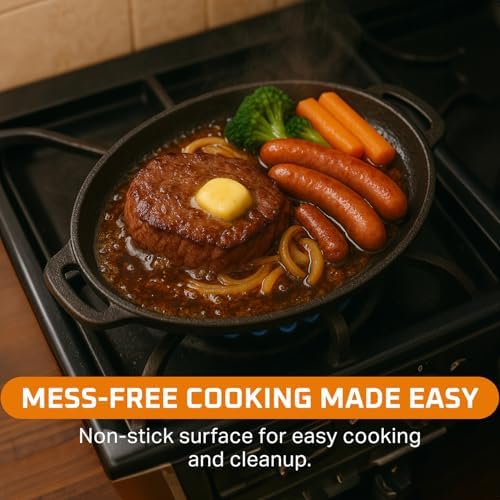 Bruntmor 6.8 Quart Cast Iron Skillet with Reversible Grill Griddle Lid - 3-in-1 Round Cast Iron Pan for Frying, Grilling, Dutch Oven Cooking - Roasting Pan with Lid, Camping Cookware, Black - Image 6